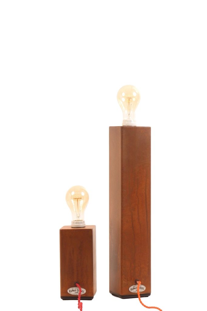 small and medium natural rusty lamps with orange and red fabric cords