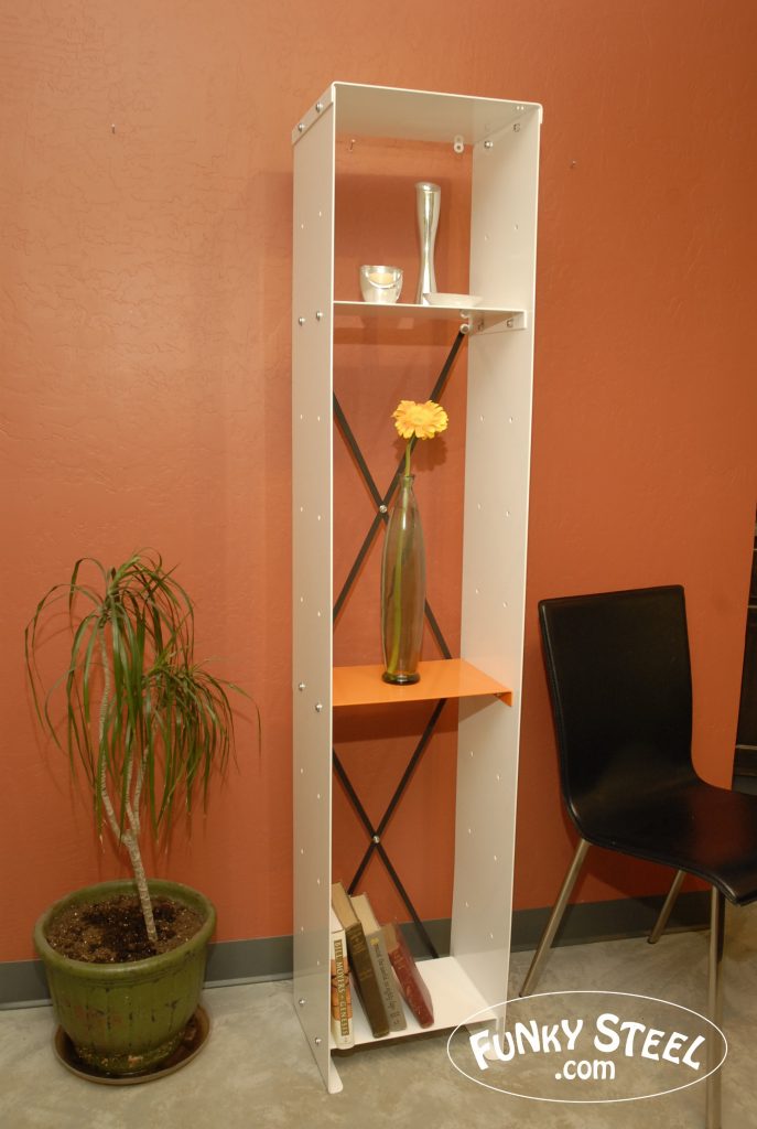Wide two shelf unit in orange bent steel shelving