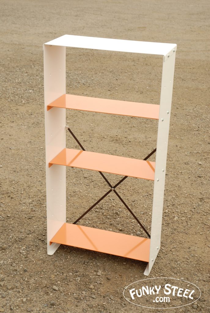 Wide four shelf unit in orange bent steel shelving