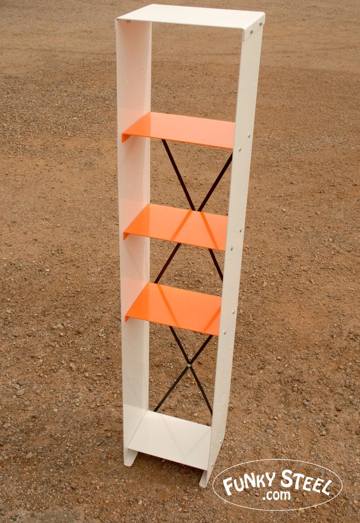 Tall five shelf unit in orange bent steel shelving