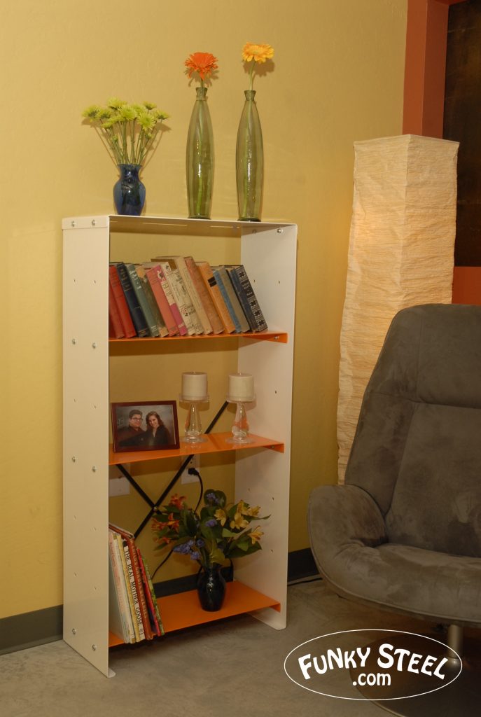 Wide four shelf unit in orange bent steel shelving
